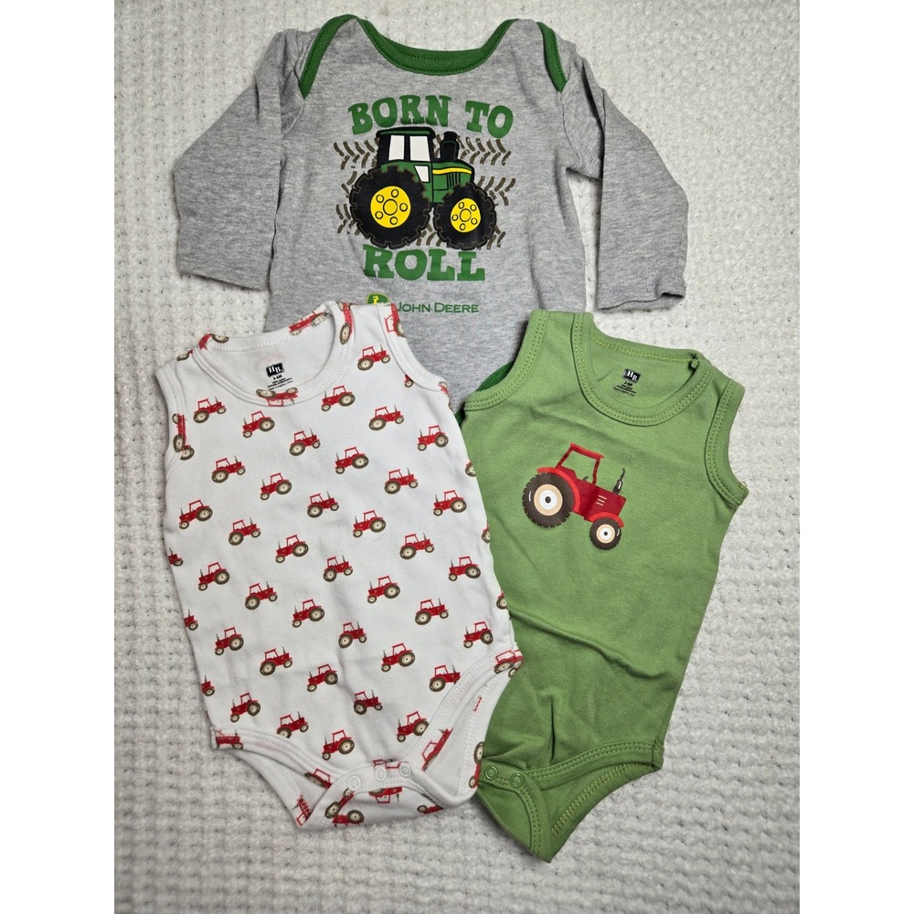 John Deere & HB Baby Boys Tractor Bodysuit Lot 3-6 Months 3 Piece Set Grey Green